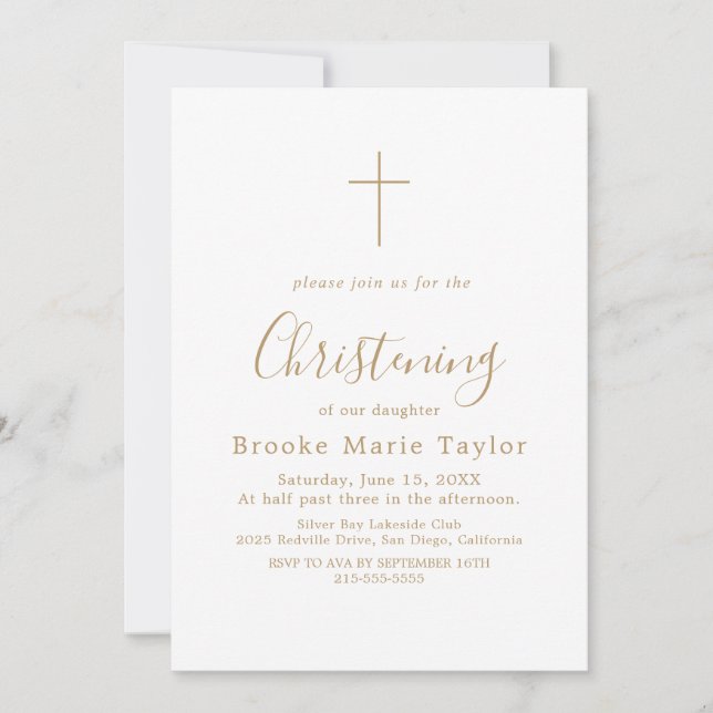 Elegant Gold Calligraphy Cross Christening  Invitation (Front)