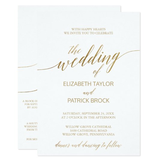 Elegant Gold Calligraphy | Details on Back Wedding Invitation | Zazzle ...