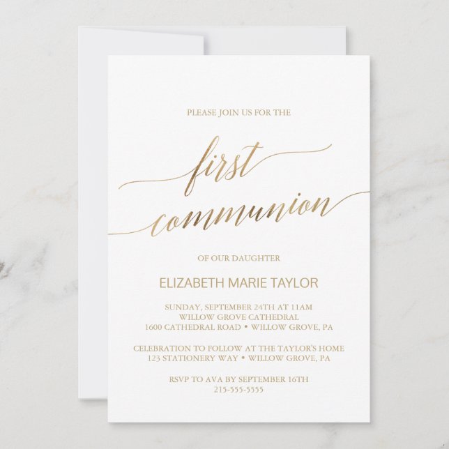 Elegant Gold Calligraphy First Communion Invitation (Front)