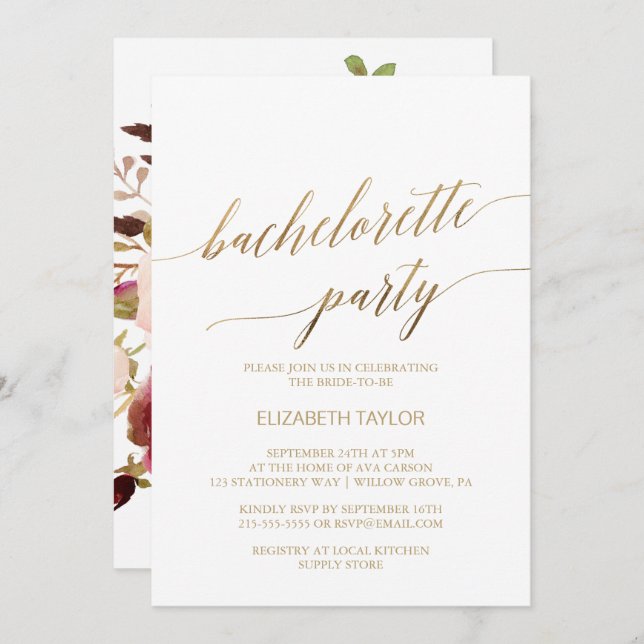 Elegant Gold Calligraphy | Floral Bachelorette Invitation (Front/Back)