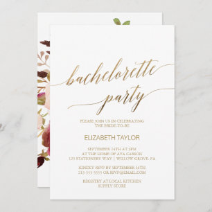 Elegant Gold Calligraphy   Floral Bachelorette Invitation