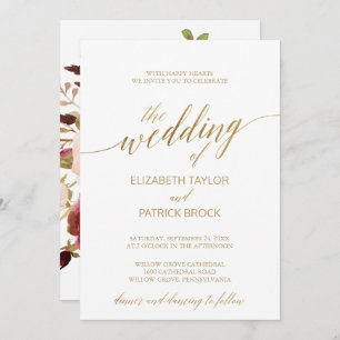 Elegant Gold Calligraphy   Floral Backing Wedding Invitation
