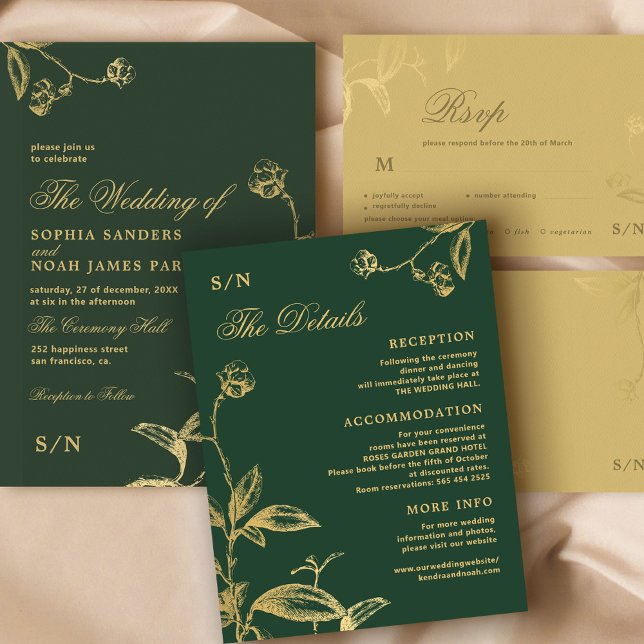 Elegant gold calligraphy green wedding details enclosure card (Creator Uploaded)