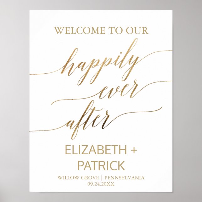 Elegant Gold Calligraphy Happily Ever After Sign (Front)
