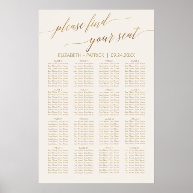 Elegant Gold Calligraphy | Ivory Seating Chart (Front)