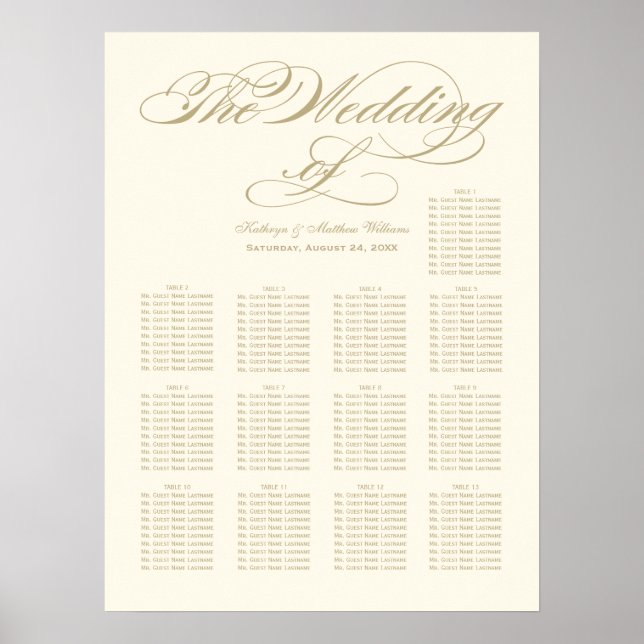 Elegant Gold Calligraphy Ivory Wedding Seating Poster (Front)