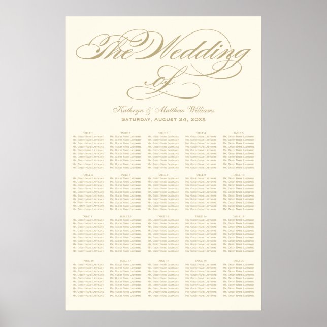 Elegant Gold Calligraphy Ivory Wedding Seating Poster (Front)
