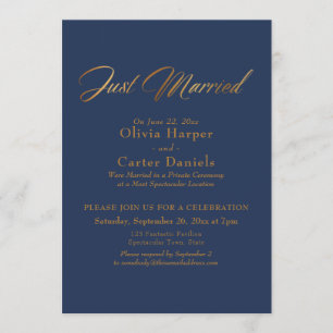 Elegant Gold Calligraphy Just Married on Navy Invitation