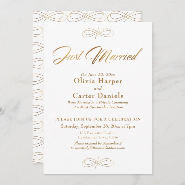 Elegant Gold Calligraphy Just Married Reception Invitation (Front/Back)