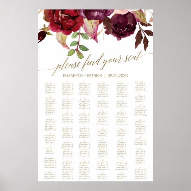 Elegant Gold Calligraphy Large Seating Chart (Front)