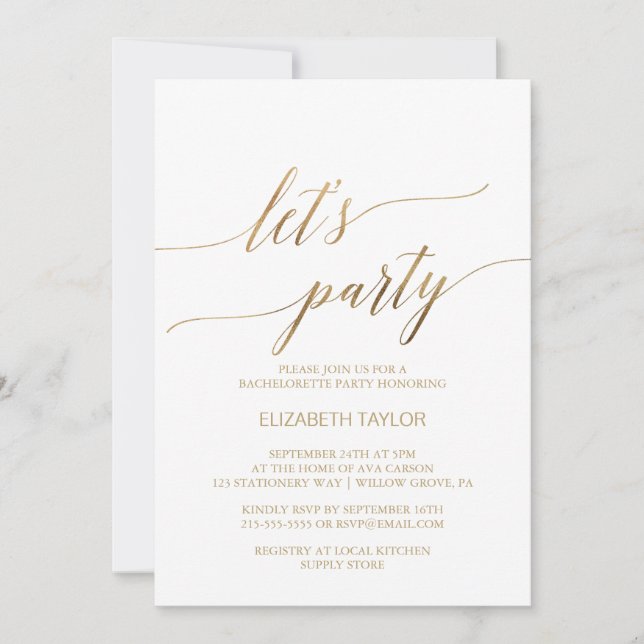 Elegant Gold Calligraphy Let's Party Invitation (Front)