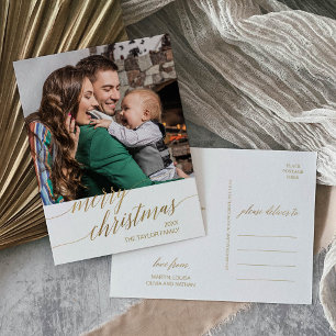 Elegant Gold Calligraphy Merry Christmas Photo Holiday Postcard