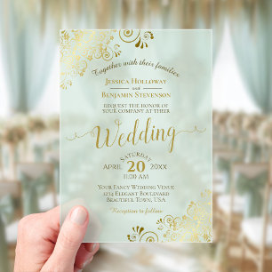 Elegant Gold Calligraphy Mint Green Wedding Acrylic Invitations