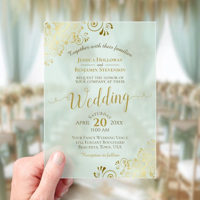 Elegant Gold Calligraphy Mint Green Wedding Acrylic Invitations (Creator Uploaded)