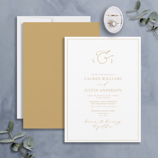 Elegant Gold Calligraphy Monogram Wedding Invitation (Creator Uploaded)