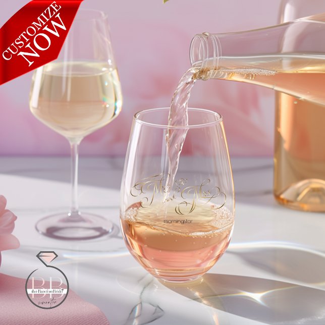 Elegant Gold Calligraphy Mr and Mrs Typography  Stemless Wine Glass (Easy to customize )