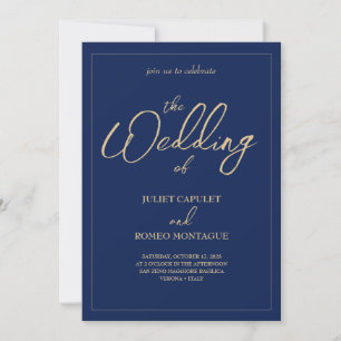 Elegant gold calligraphy & Navy All In One wedding Invitation