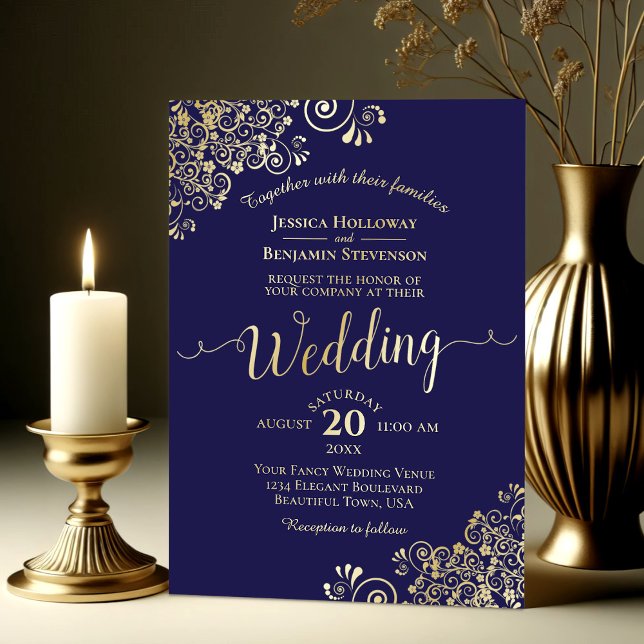 Elegant Gold Calligraphy Navy Blue Frilly Wedding (Creator Uploaded)