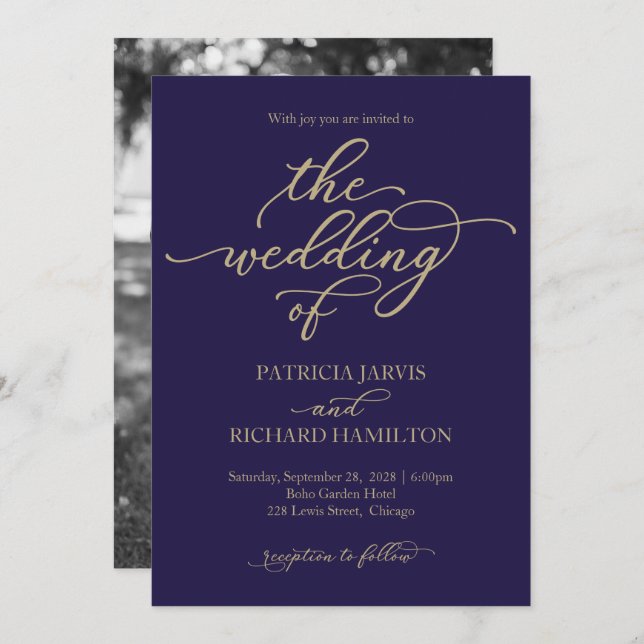 Elegant Gold Calligraphy Navy Blue Wedding Invitation (Front/Back)