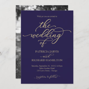 Elegant Gold Calligraphy Navy Blue Wedding Invitation