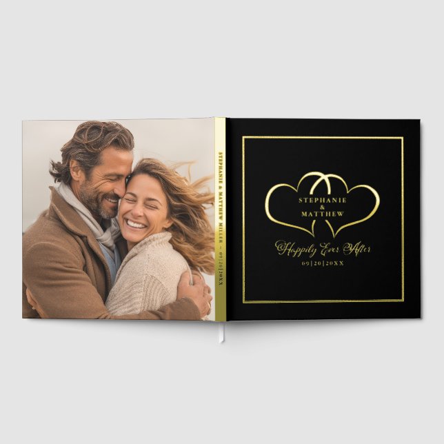 Elegant Gold Calligraphy Photo Chic Hearts Black  Guest Book (Full)