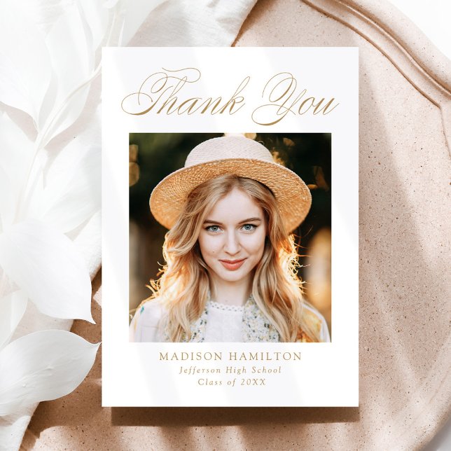 Elegant Gold Calligraphy Photo Graduation Thank You Card (Creator Uploaded)
