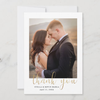Elegant Gold Calligraphy Photo Overlay Wedding Thank You Card