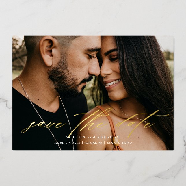 Elegant Gold Calligraphy Photo Save the Date (Front)