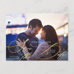 Elegant Gold Calligraphy Photo Save the Date Postcard