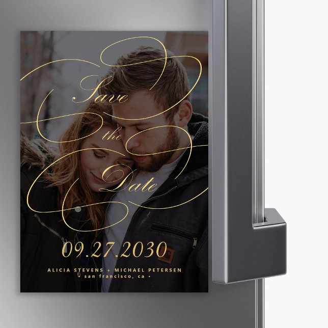 Elegant gold calligraphy photo wedding save date magnetic invitation (Creator Uploaded)