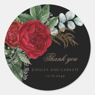 Elegant Gold Calligraphy Red Floral Black Wedding Classic Round Sticker
