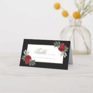 Elegant Gold Calligraphy Red Floral Place Card
