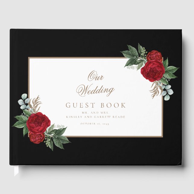Elegant Gold Calligraphy Red Floral Wedding Guest Book (Front)