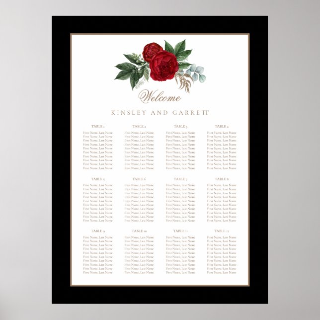 Elegant Gold Calligraphy Red Floral Wedding Poster (Front)