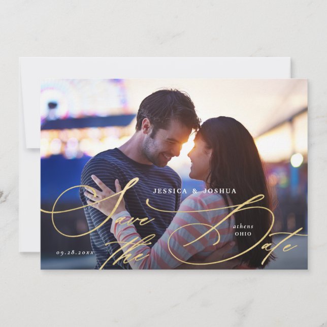 Elegant Gold Calligraphy Save the Date Card (Front)