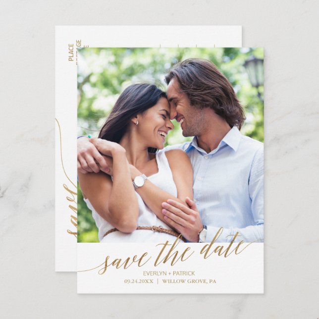 Elegant Gold Calligraphy Save the Date Photo Announcement Postcard (Front/Back)