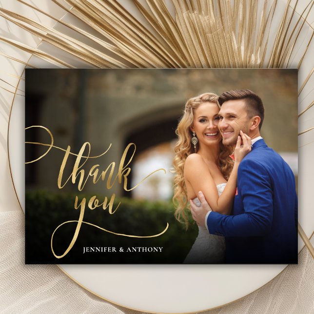Elegant Gold Calligraphy Script 2 Photo Wedding Thank You Card (Creator Uploaded)