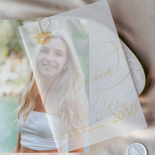 Elegant gold calligraphy script cap graduation  vellum invitations