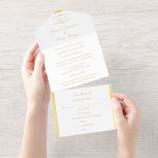 Elegant Gold Calligraphy Script Monogram Wedding All In One Invitation (Tearaway)