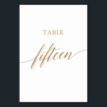 Elegant Gold Calligraphy Table Number Fifteen<br><div class="desc">This elegant gold calligraphy table fifteen table number is perfect for a simple wedding. The neutral design features a minimalist card decorated with romantic and whimsical faux gold foil typography. The card prints on the front and back (double-sided). Other table numbers in the collection are sold separately. Please Note: This...</div>