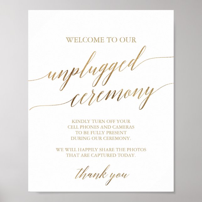 Elegant Gold Calligraphy Unplugged Ceremony Sign (Front)