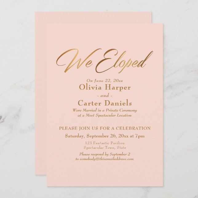 Elegant Gold Calligraphy We Eloped Blush Reception Invitation (Front/Back)