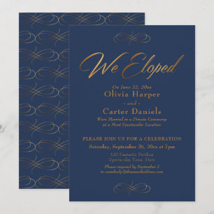 Elegant Gold Calligraphy We Eloped over Navy Invitation