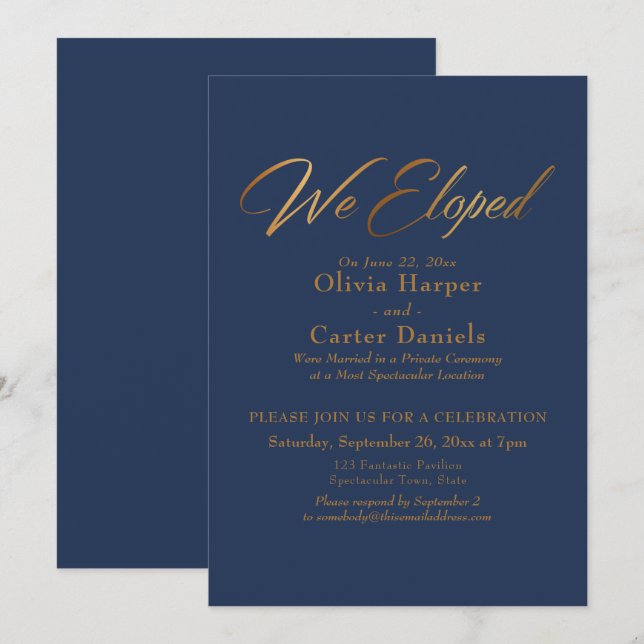 Elegant Gold Calligraphy We Eloped over Navy Invitation (Front/Back)