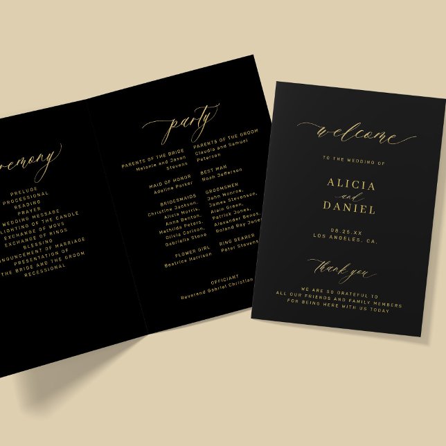 Elegant gold calligraphy wedding party black program (Creator Uploaded)
