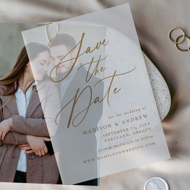 Elegant Gold Calligraphy Wedding Save the Date Vellum Invitations (Creator Uploaded)