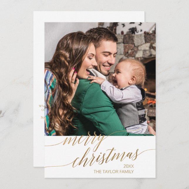 Elegant Gold Calligraphy Year In Review Photo Holiday Card (Front/Back)