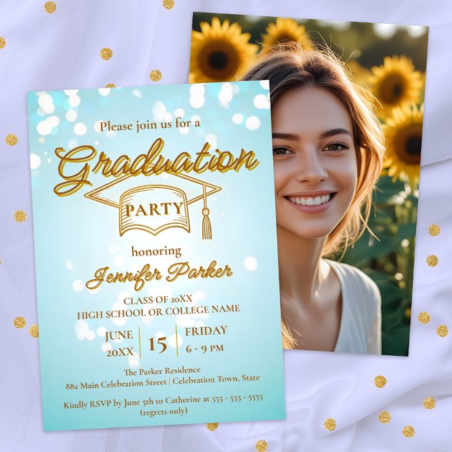 Elegant Gold Cap on Blue Photo Graduation Party Invitation (Creator Uploaded)