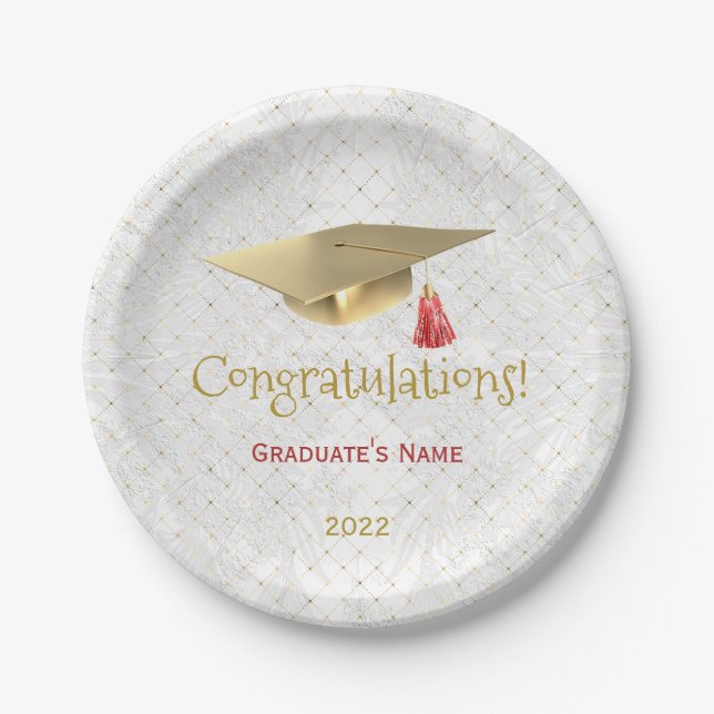 Elegant Gold Cap Red Congratulations Graduation Paper Plate (Front)