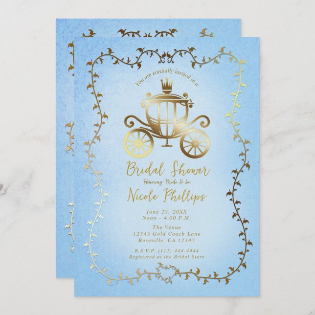 Elegant Gold Carriage Blue Storybook Bridal  Invitation (Front/Back)